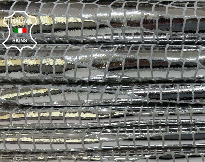 METALLIC SILVER CROCODILE Print On Thin Italian Lambskin Lamb Sheep leather pack 3 hides skins total 20sqf 0.6mm #B3345