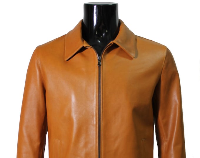 Italian handmade Men genuine lambskin leather jacket slim fit color Tan