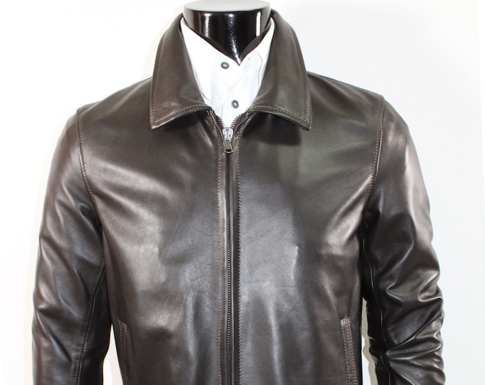 Italian handmade Men soft genuine lambskin Bomber leather jacket color Dark Brown