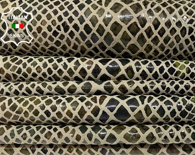 OLIVE GREEN SNAKE Print On Thin Soft Italian Lambskin Lamb Sheep Leather hides pack 2 skins total 11sqf 0.4mm #B1815