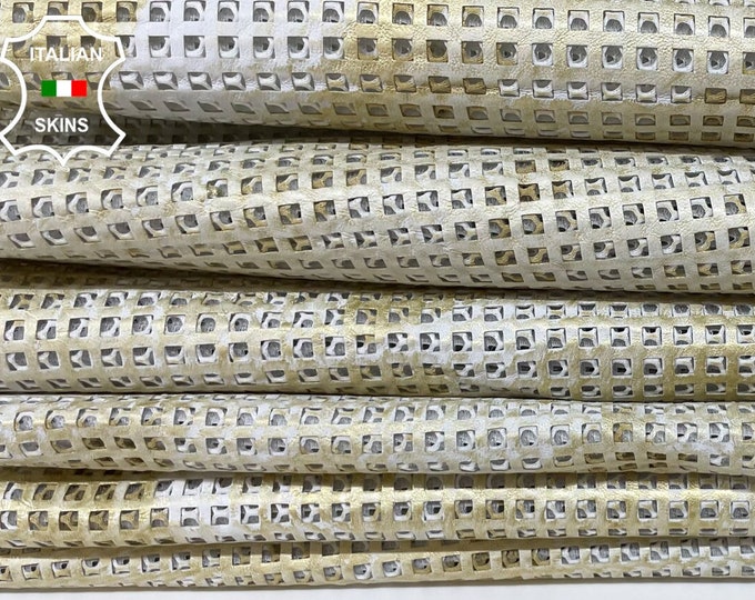 WHITE PEARLIZED DISTRESSED Gold Backed Perforated Foam Thick Italian Lambskin Lamb Sheep Leather hides pack 3 skins total 15sqf 1.4mm #B1090