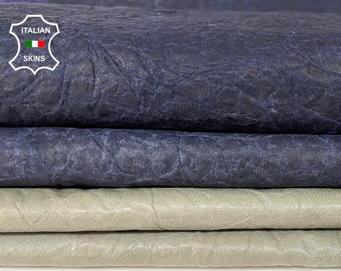 GRAY & BLUE crackled vintage look soft Italian Lambskin Lamb Sheep leather skin hide hides pack 2 skins total 6sqf 0.6mm #A8555