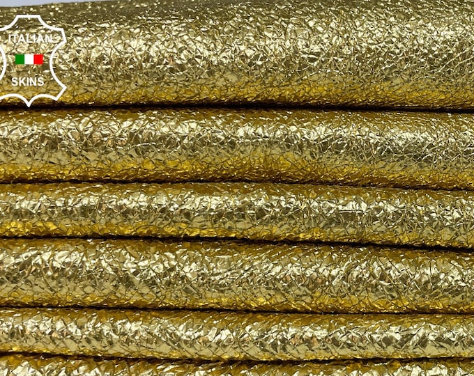 METALLIC GOLD CRISPY Crinkled Washed Thin Soft Italian Lambskin Lamb Sheep Leather pack 2 hides skins total 12sqf 0.6mm #B2870