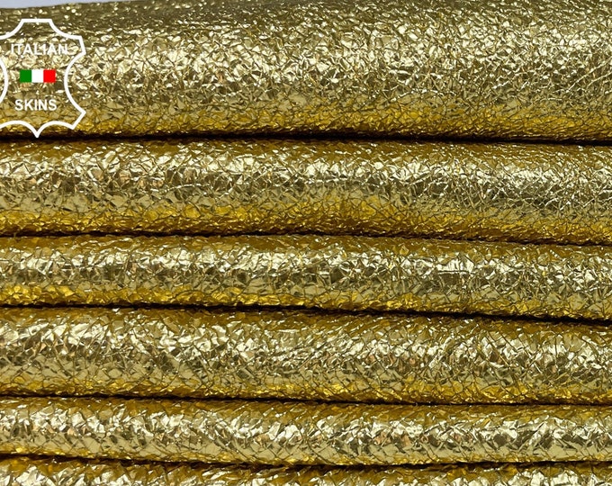 METALLIC GOLD CRISPY Crinkled Washed Thin Soft Italian Lambskin Lamb Sheep Leather pack 2 hides skins total 12sqf 0.6mm #B2870