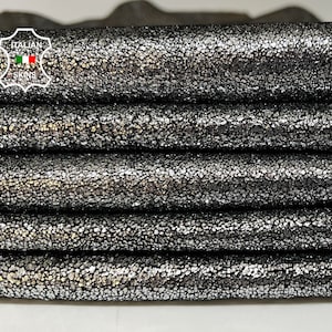 Free FedEx & Duties - METALLIC SILVER CRACKLED On Black Vegetable Tan Thick Soft Lamb Leather pack 2 skins total 10+sqf 1.6mm #B3112