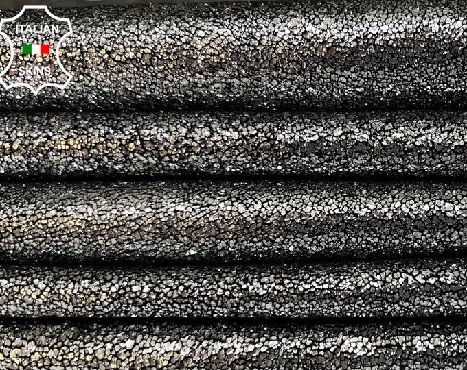 METALLIC SILVER CRACKLED On Black Vegetable Tan Thick Soft Italian Lambskin Lamb Sheep Leather pack 2 hides skins total 10+sqf 1.6mm #B3112