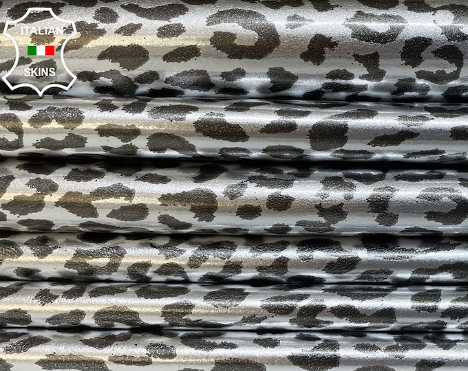 METALLIC SILVER LEOPARD Print On Soft Italian Lambskin Lamb Sheep Leather hides pack 2 skins total 14+sqf 0.8mm #B2621