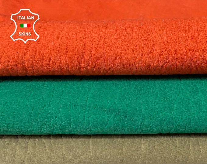 BUBBLY PACK Khaki Orange Green grainy matte washed vintage look vegetable tan thick Lambskin sheep leather 3 skins total 18sqf 1.8mm #A8739