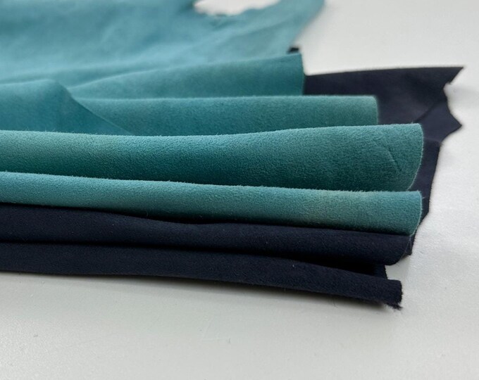 BLUE SUEDE Pack 2 Shades Thin Soft Italian Lambskin Sheep Lamb Leather pack 2 skins total of 6+sqf 0.6mm #C3337