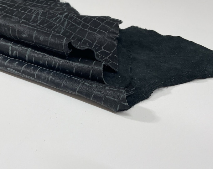 CROCODILE PRINT On Vintage BLACK Soft Italian Lambskin Lamb Sheep Leather hides hide skin skins 6sqf 1.4mm #B829