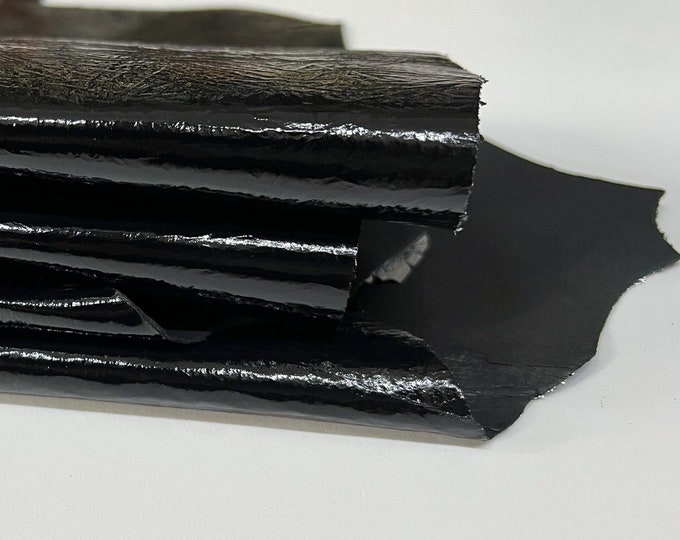 BLACK PATENT CRINKLE Shiny Italian Goatskin Goat leather pack 2 hides skins total 12sqf 1.0mm #B8277