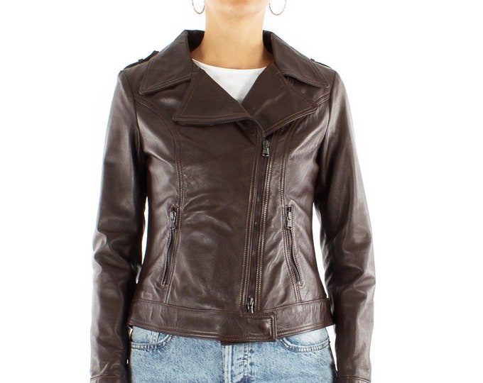 Italian handmade Women genuine soft Lambskin lamb leather biker jacket slim fit Dark Brown