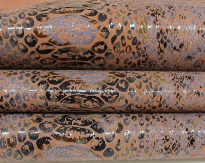 PYTHON GREY & BROWN snake print textured on Italian Goatskin Goat leather hide hides skin skins 7-9sqf 0.8mm #A6879
