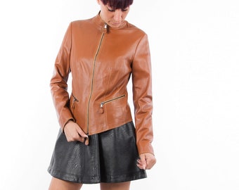 Italian handmade Women soft genuine lambskin leather jacket color Tan