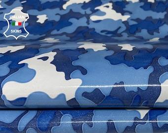 BLUE & WHITE CAMO Camouflage Print Shiny Soft Italian Lambskin Lamb Sheep Leather hides hide skin skins 7+sqf 0.5mm #B1020