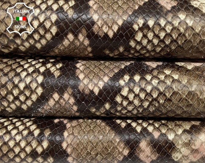 TAUPE BROWN & PINK Python Snake Print Textured on Italian Calfskin Calf Cow Leather hide hides skin skins 6-8sqf 0.9mm #B266