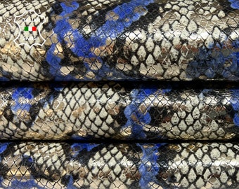 METALLIC SILVER & BLUE Python Snake Print On Soft Italian Calfskin Calf Cow Leather hide hides skin skins 7sqf 1.1mm #B331