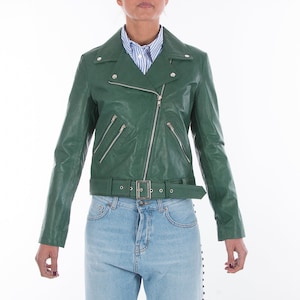 Italian handmade Women genuine leather biker jacket slim fit Natural Green