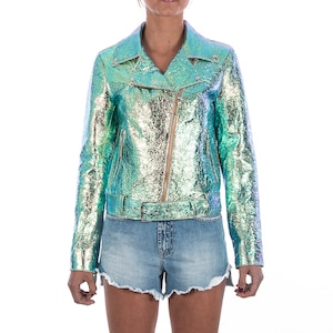 Italian handmade Women genuine leather biker jacket slim fit metallic iridescent crinkle green