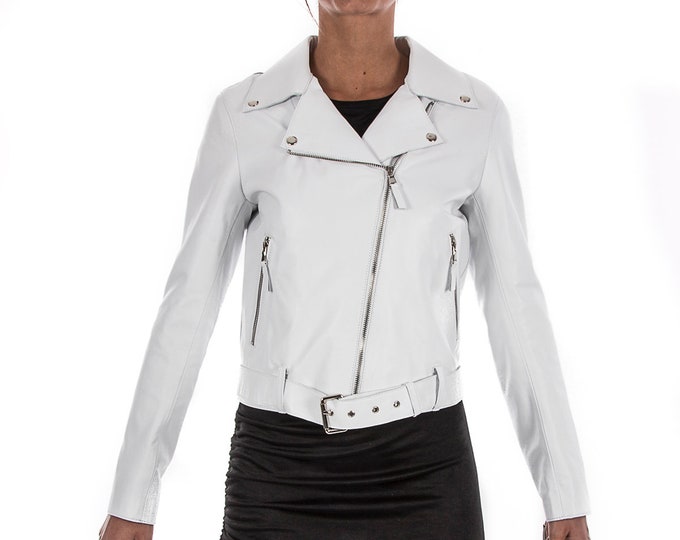 Italian handmade Women soft genuine lambskin lamb leather biker jacket slim fit color WHITE