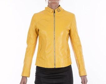 Delivered Duty paid - Italian handmade Women soft genuine lambskin leather jacket slim fit color Yellow