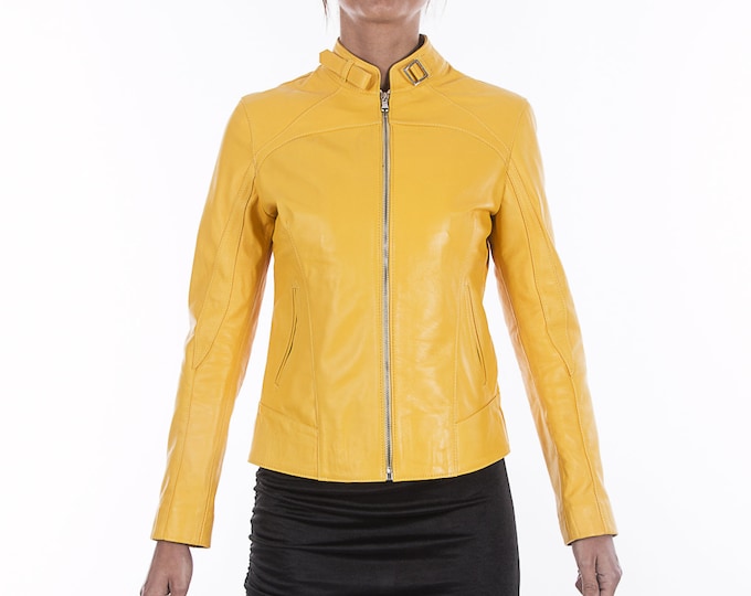 Italian handmade Women soft genuine lambskin leather jacket slim fit color Yellow