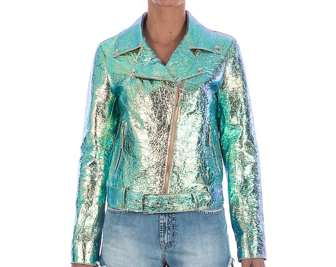 Italian handmade Women genuine leather biker jacket slim fit metallic iridescent crinkle green