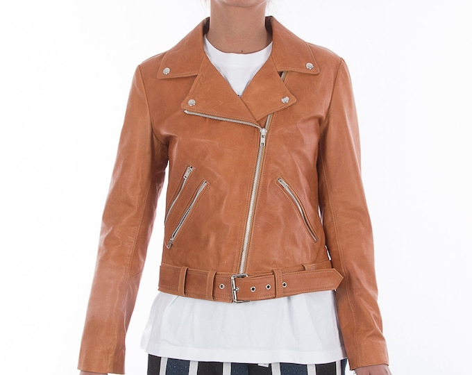 Italian handmade Women genuine leather biker jacket slim fit color Vintage Tan