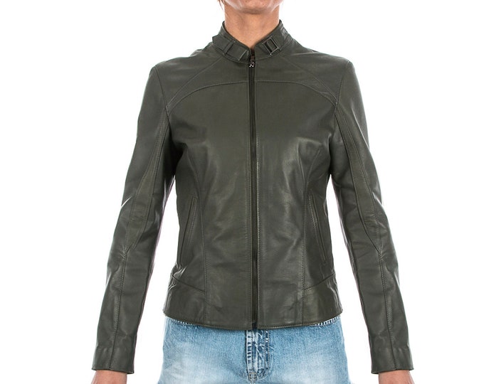 Italian handmade Women genuine lambskin leather jacket slim fit olive green