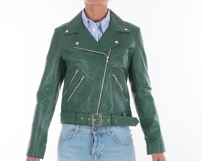 Italian handmade Women genuine leather biker jacket slim fit Natural Green