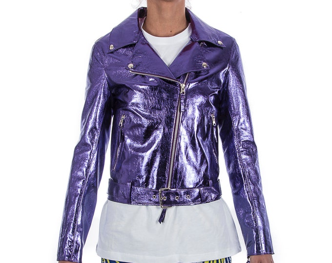 Italian handmade Women soft genuine lambskin lamb leather biker jacket slim fit color Metallic Purple