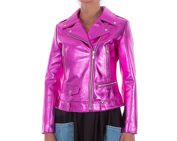 Italian handmade Women genuine leather biker jacket slim fit metallic Hot Pink Fuchsia