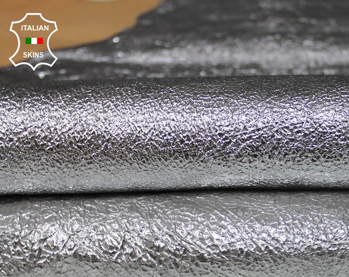 CRISPY METALLIC SILVER textured on thick vegetable tan Italian Goatskin Goat leather 2 skins hides total 10sqf 1.3mm #A7248