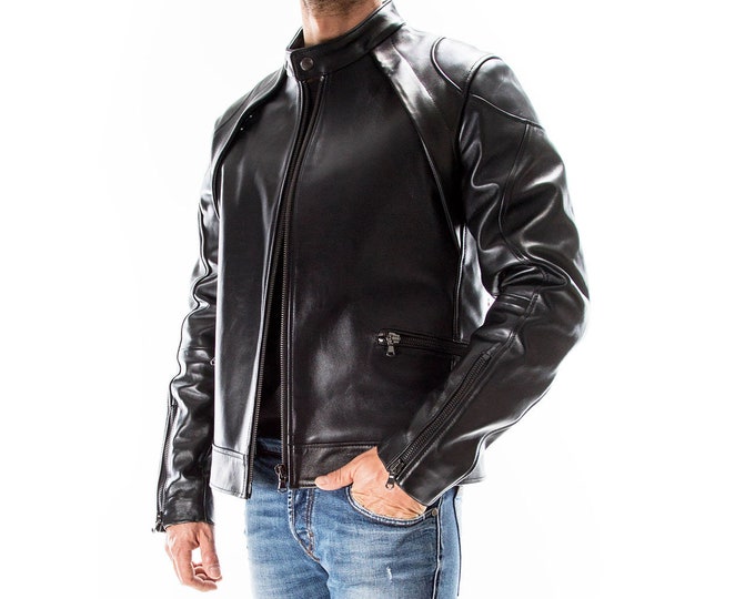 BLACK Italian handmade Men genuine Lambskin real leather jacket slim fit Xs to 3XL