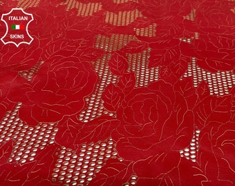 RED FLOWERS LASER Engraved Textured Soft Italian Lambskin Lamb Sheep Leather hides hide skin skins 6sqf 1.0mm #B1763