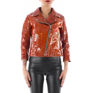 Italian handmade Women soft genuine lambskin lamb leather biker jacket slim fit color Patent Cognac Brown 3/4 sleevs