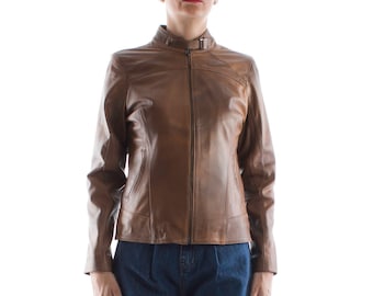 Italian handmade Women genuine lambskin leather jacket slim fit brown distressed