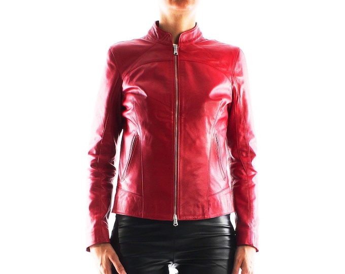 Italian handmade Women soft genuine lambskin leather jacket slim fit color Red