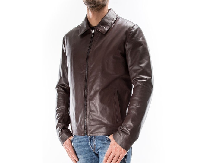BROWN Italian handmade Men genuine soft lambskin real leather jacket slim fit XS to 2XL