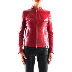 Italian handmade Women soft genuine lambskin leather jacket slim fit color Red