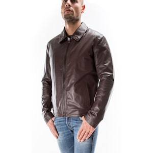BROWN Italian handmade Men genuine soft lambskin real leather jacket slim fit XS to 2XL