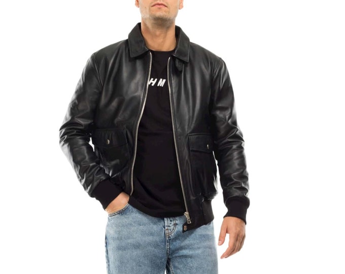 Italian handmade Men soft genuine lamb leather Aviator Bomber jacket BLACK S to 2XL