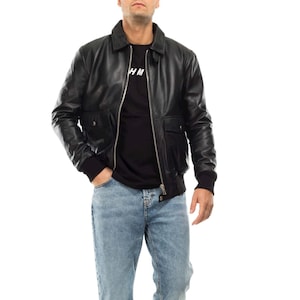 Italian handmade Men soft genuine lamb leather Aviator Bomber jacket BLACK S to 2XL