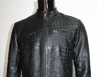 Italian handmade Men leather jacket Black Crocodile textured embossed on Lambskin leather XS to 3XL