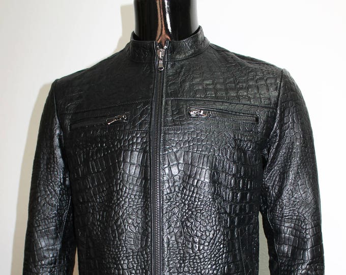 Italian handmade Men leather jacket Black Crocodile textured embossed on Lambskin leather XS to 3XL