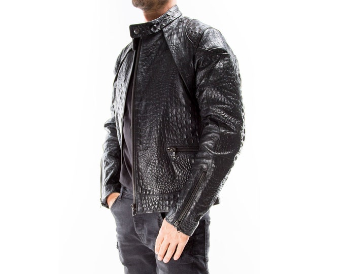 BLACK ALLIGATOR CROCODILE embossed textured on genuine Goatskin leather Italian handmade Men jacket slim fit Xs to 3XL