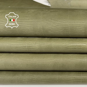OLIVE GREEN TEJUS lizard reptile Embossed textured on natural veg tan Calfskin Leather crafts bags shoes 2 skins total 14sqf 1.0mm #A7353