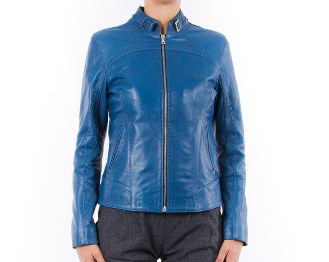 Italian handmade Women genuine soft lambskin leather jacket slim fit blue