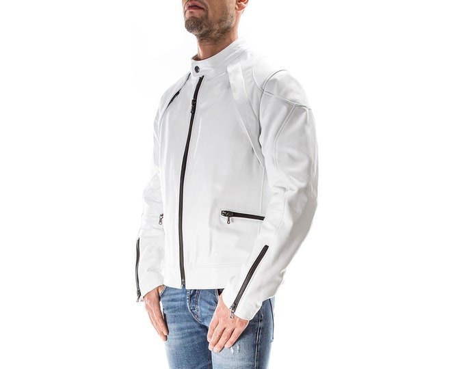 WHITE Italian handmade Men genuine Lambskin real leather jacket slim fit XS to 3XL