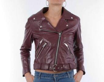 Italian handmade Women genuine leather biker jacket slim fit wine bordeaux